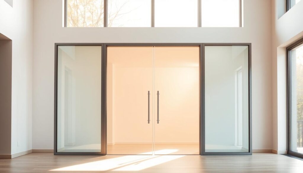 A modern, elegant glass pendulum door standing in a bright, airy room. The door's frame is sleek and minimalist, with clean lines and a seamless glass panel that appears to float effortlessly. Warm, natural light filters in through large windows, casting a soft glow on the transparent surface. The door's movement is smooth and graceful, inviting exploration of the space beyond. The overall scene exudes a sense of sophistication and refined design, perfectly suited for high-end residential or commercial interiors.