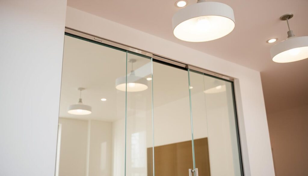 A modern, elegant glass swing door in a bright, airy room. The door's frameless, minimalist design allows natural light to flow through, creating a seamless transition between spaces. Subtle hardware in a sleek, metallic finish accentuates the door's clean lines. The glass panel, free of any visible mullions, reflects the surrounding environment, visually expanding the room's boundaries. Soft, diffused lighting from overhead fixtures casts a warm, inviting glow, highlighting the door's transparency and the room's refined, contemporary aesthetic. The overall scene conveys a sense of openness, sophistication, and the added value a glass swing door can bring to a space.
