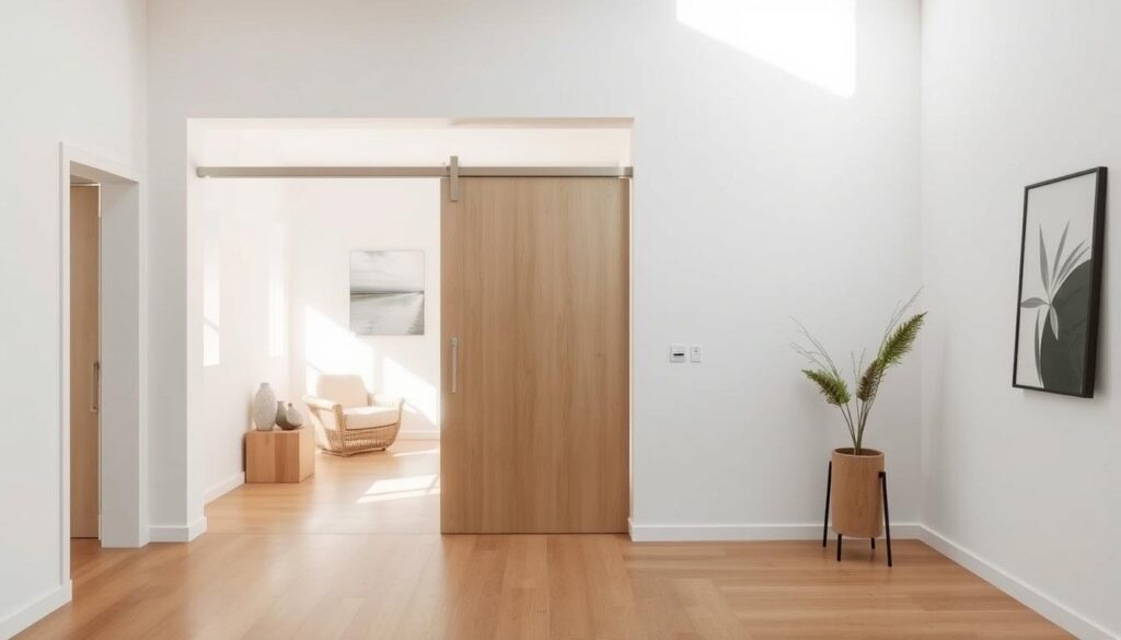 A modern, elegant sliding door seamlessly integrated into a minimalist, light-filled interior. The door's sleek, brushed metal frame glides effortlessly along a concealed track, creating a harmonious, open flow between adjoining rooms. Soft, natural lighting floods the space, accentuating the door's clean lines and the crisp, white walls. Wooden flooring and a few carefully curated decor pieces add warmth and sophistication. The overall atmosphere radiates a sense of tranquility and refined simplicity, showcasing how a sliding door can elegantly redefine the spatial dynamics of a room.