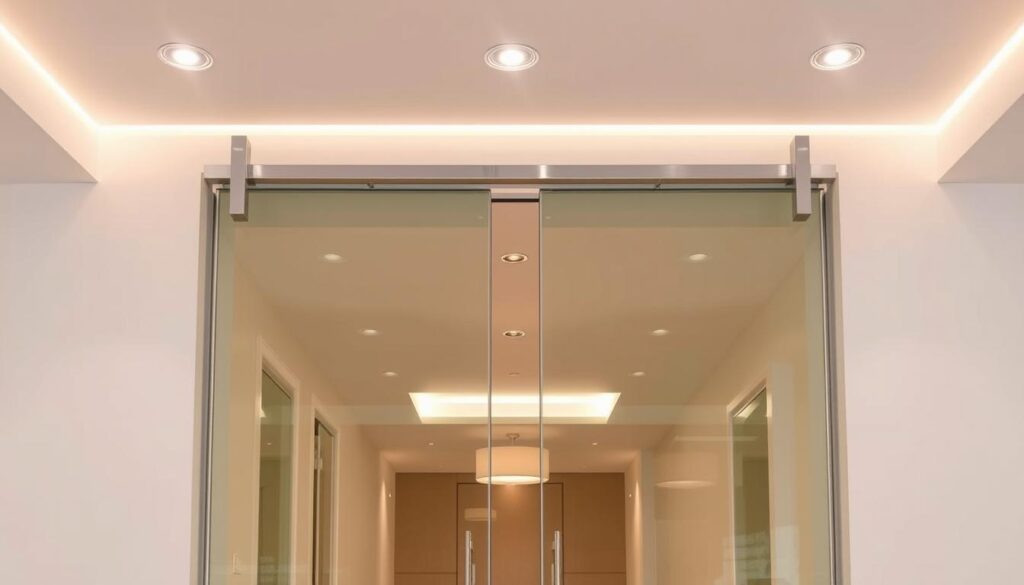 A modern, frameless glass pendulum door set against a serene, minimalist interior. The door panels are seamlessly integrated, suspended from sleek, chrome-finished hardware that enables smooth, effortless movement. Soft, diffused lighting from recessed ceiling fixtures casts a warm, inviting glow, highlighting the door's crystalline transparency and the elegant, architectural space beyond. The door's dimensions are precisely tailored to the entryway, creating a harmonious, bespoke fit. The hardware's clean, contemporary design complements the understated elegance of the glass, resulting in a visually striking yet functional focal point that elegantly connects two distinct areas.