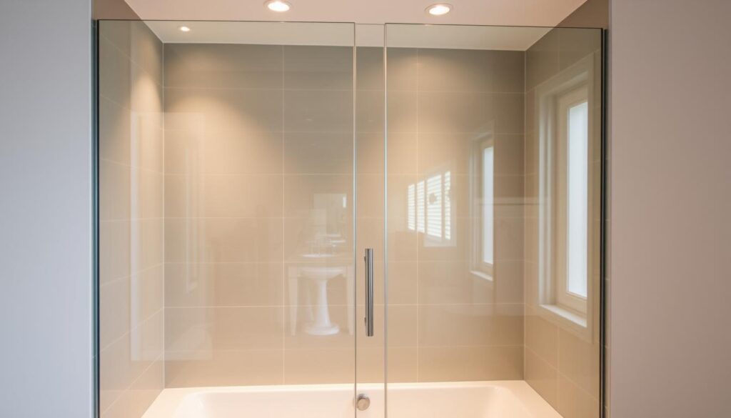 A modern, frameless glass shower enclosure set against a tiled bathroom interior. The tempered glass panels seamlessly transition from the bathtub, creating a sleek, spa-like ambiance. Soft, diffused lighting from recessed fixtures above casts a warm glow, highlighting the clean lines and elegant silhouette of the duschabtrennung. The shower door glides effortlessly, its minimalist hardware complementing the refined aesthetic. Reflections of the bathroom furnishings dance across the glossy glass surface, creating a sense of depth and visual interest. This custom-fitted duschabtrennung is the centerpiece of a luxurious, well-appointed bathing space.