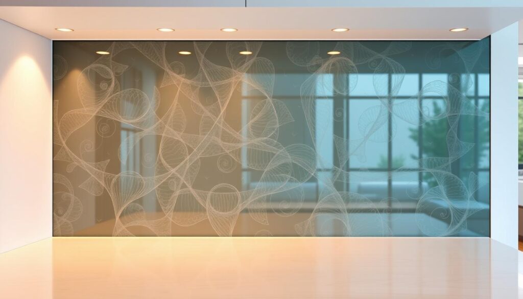 A modern glass backsplash, custom-designed with intricate patterns that dance across its smooth surface. The glass reflects the warm glow of recessed lighting, casting a soft, inviting ambiance throughout the kitchen. In the foreground, the glass is flush-mounted, seamlessly integrated into the sleek, minimalist cabinetry. The middle ground showcases the glass' exceptional clarity, allowing the viewer to appreciate the depth and complexity of the bespoke design. In the background, the glass extends the full width of the kitchen, creating a cohesive, high-end aesthetic. The overall composition exudes a sense of sophistication and personalization, perfectly capturing the essence of a tailored glass backsplash.