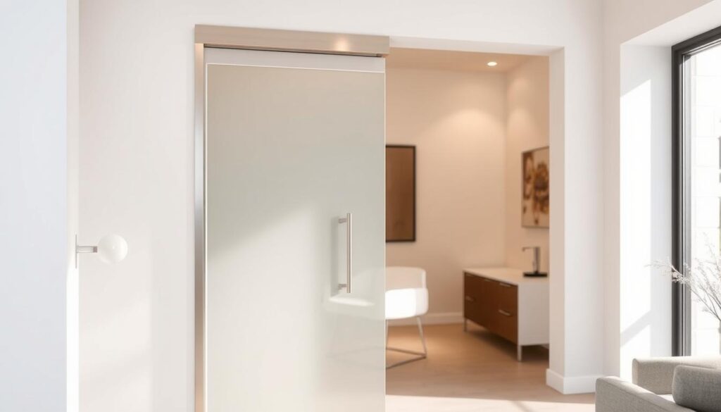 A modern glass door with a sleek and minimalist design, providing an elegant privacy solution. The door features a semi-transparent frosted glass panel, allowing natural light to flow through while creating a subtle visual barrier. The glass is framed by a slim, brushed metal structure, lending a sophisticated industrial aesthetic. Soft, diffused lighting illuminates the scene, casting a warm glow and highlighting the material textures. The door is situated in a bright, airy interior with clean, contemporary furnishings, creating a harmonious and serene atmosphere. The overall composition emphasizes the door's ability to maintain visual privacy without compromising the open, spacious feel of the room.