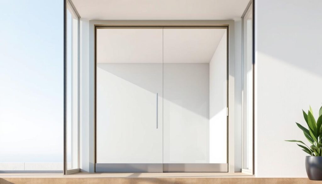 A modern glass door with a sleek, minimalist zarge framing, set against a bright, airy backdrop. The glass pane gleams with a subtle, high-quality sheen, allowing ample natural light to flood the space. The zarge features a clean, contemporary design in a muted, neutral tone that seamlessly integrates with the surrounding architecture. The overall scene conveys a sense of elegant simplicity, showcasing the versatility and beauty of this innovative glass door solution.