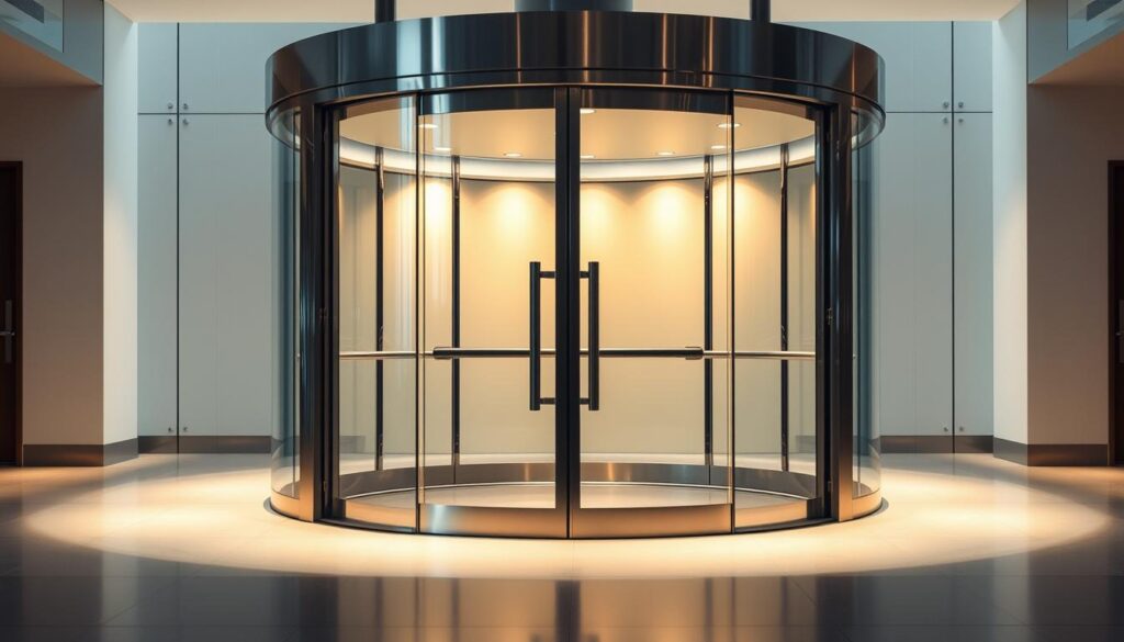 A modern glass revolving door with sleek, tempered glass panels and a polished stainless steel frame. The door is backlit with soft, diffused lighting, creating a warm, inviting atmosphere. The revolving mechanism is smooth and effortless, allowing for easy, comfortable entry and exit. The door is situated in a well-lit, spacious interior with clean, minimalist design elements, showcasing the beauty and functionality of the feature. The overall scene conveys a sense of elegant simplicity and high-quality craftsmanship, perfectly capturing the essence of a premium glass door system.