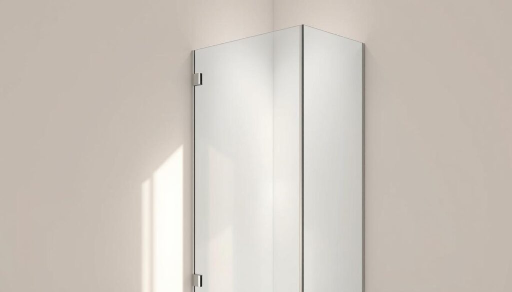 A modern glass shower enclosure set against a clean, minimalist bathroom backdrop. Soft, natural lighting filters through the transparent glass panels, casting a warm glow. The shower door sits flush against the wall, its sleek, frameless design blending seamlessly into the space. Carefully measured dimensions ensure a perfect, custom fit, showcasing the precision of the "lieferung in tagen" delivery service. The overall scene conveys a sense of elegant simplicity, with the high-quality glass providing a focal point that captures the essence of the "Duschabtrennung Glas" product line.
