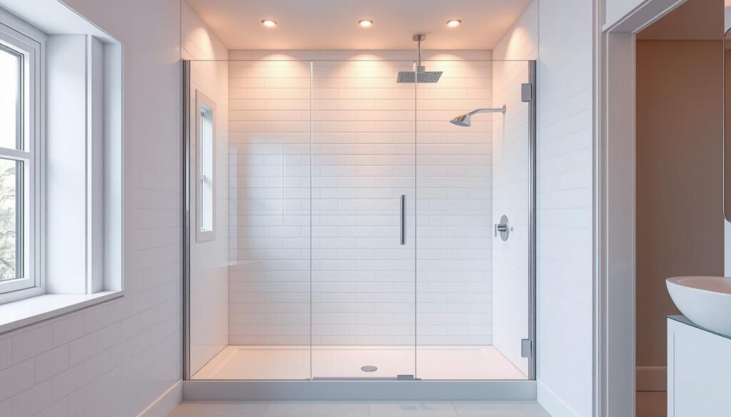 A modern, high-quality complete shower enclosure in a bright, airy bathroom setting. The frameless glass panels have a sleek, minimalist design, allowing natural light to flood the space. The shower base is a seamless, rectangular unit made of durable, easy-to-clean materials. Elegant chrome fixtures and fittings accent the enclosure, creating a cohesive, premium look. Warm, indirect lighting from recessed ceiling lights sets a relaxing, spa-like atmosphere. The bathroom features white tile walls and a neutral color palette, emphasizing the clean, contemporary aesthetics of the complete shower system.