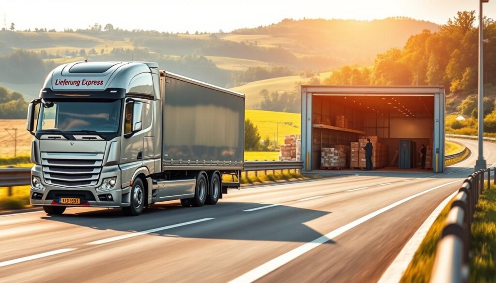 A modern, high-quality delivery truck speeds down a German autobahn, its sleek silver exterior gleaming in the warm afternoon sunlight. The cab features bold red "Lieferung Express" branding, with streamlined aerodynamic design. In the middle ground, a warehouse facility comes into view, with a team of uniformed workers efficiently loading and unloading packages. In the background, the lush, rolling hills of the German countryside provide a picturesque backdrop. The scene conveys a sense of efficiency, reliability, and pride in German engineering and logistics. Carefully composed using a wide-angle lens to capture the dynamic motion and scale of the scene, with warm, natural lighting to evoke a mood of professionalism and competence. A modern, high-quality delivery truck speeds down a German autobahn, its sleek silver exterior gleaming in the warm afternoon sunlight. The cab features bold red "Lieferung Express" branding, with streamlined aerodynamic design. In the middle ground, a warehouse facility comes into view, with a team of uniformed workers efficiently loading and unloading packages. In the background, the lush, rolling hills of the German countryside provide a picturesque backdrop. The scene conveys a sense of efficiency, reliability, and pride in German engineering and logistics. Carefully composed using a wide-angle lens to capture the dynamic motion and scale of the scene, with warm, natural lighting to evoke a mood of professionalism and competence.