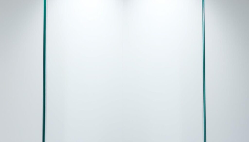 A modern, high-quality glass panel with a sleek, minimalist design. The glass has a smooth, transparent surface that reflects light beautifully, giving it a premium, high-end appearance. The panel is framed by a slim, metallic trim that seamlessly blends with the glass, creating a cohesive, harmonious look. The glass appears to be tempered, offering enhanced strength and durability. Subtle, clean lines and a polished finish give the glass a sophisticated, yet functional aesthetic, perfectly suited for a high-end, contemporary interior. The lighting is soft and even, gently illuminating the glass and highlighting its clarity and quality.