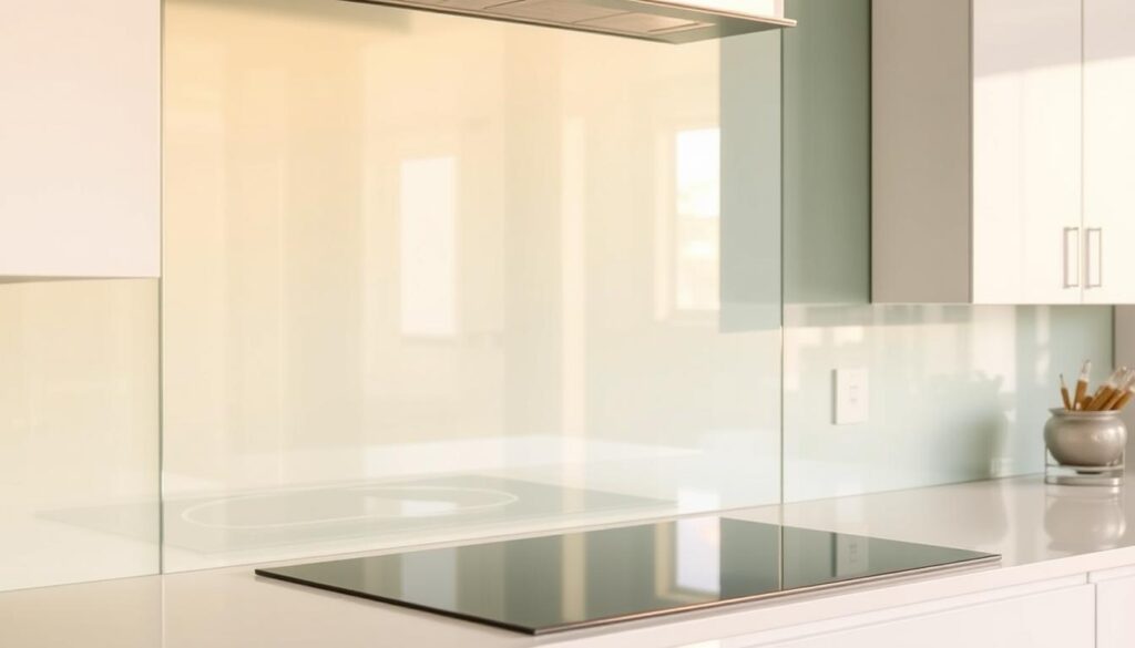 A modern, high-quality kitchen backsplash in a sleek, frameless glass design. The surface reflects the warm, natural light flooding the space, creating a clean, minimalist aesthetic. The glass panels have a smooth, seamless finish, accentuating the elegant simplicity of the design. Subtle variations in the glass's transparency suggest a depth and texture that adds visual interest. The backsplash is precisely tailored to the kitchen's dimensions, showcasing the customized, made-to-measure craftsmanship. An overall sense of sophistication, functionality, and attention to detail permeates the scene.