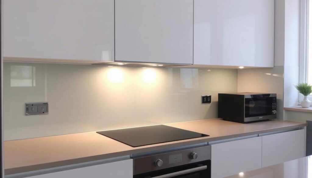 A modern, high-quality kitchen backsplash made of tempered glass, reflecting the warm glow of soft, diffused lighting. The glass surface is smooth and seamless, creating a sleek, minimalist aesthetic that complements the kitchen's contemporary design. The backsplash extends from the countertop to the upper cabinets, providing a functional and stylish protection for the wall. The glass has a subtle, matte finish that diffuses the light, creating a soft, inviting ambiance. The backsplash is custom-fitted to the kitchen's dimensions, showcasing the attention to detail and craftsmanship of the Glastuerhop24 team.