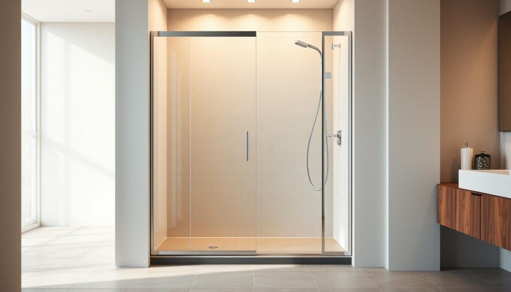 A modern, high-quality niche shower enclosure in a spacious, well-lit bathroom. The sleek, frameless glass panel has a glossy, chrome-finished profile, reflecting the warm, indirect lighting from above. The shower tray is made of durable, non-slip material, seamlessly integrated into the room's tile flooring. The overall design exudes a sense of minimalist elegance, perfectly suited for a contemporary bathroom renovation or new construction project. The image should convey the functional, yet stylish nature of this niche shower solution, highlighting its key features for the prospective buyer.
