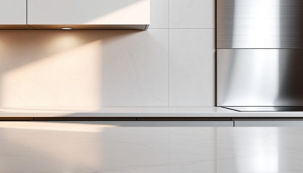 A modern kitchen backsplash design showcase, featuring an elegant interplay of textures and materials. In the foreground, a sleek marble-patterned surface reflects the warm lighting, its veins and striations dancing across the plane. The middle ground showcases a smooth, matte concrete-like finish, its subtle imperfections adding depth and character. In the background, a brushed metallic accent panel catches the light, casting a refined, industrial ambiance. The overall composition exudes a harmonious balance of sophistication and understated elegance, perfectly capturing the "Designs & Oberflächen" theme.