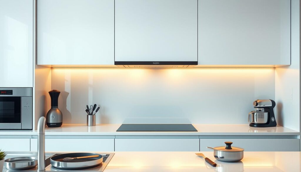 A modern kitchen interior with a sleek, tempered glass backsplash against a clean, minimalist design. The backsplash features a seamless, frameless installation, giving it a floating, streamlined appearance. Warm, even lighting accentuates the glass's smooth, reflective surface. The backsplash extends from the countertop to the upper cabinets, creating a cohesive, high-end aesthetic. In the foreground, various kitchen tools and appliances are neatly arranged, suggesting a well-organized, functional space. The overall scene conveys a sense of sophistication, efficiency, and attention to detail.