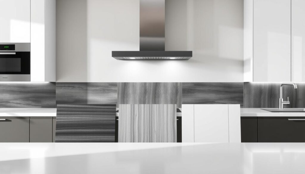 A modern kitchen setting showcasing a range of synthetic backsplash options. Prominently featured in the foreground are sleek, minimalist panels in a variety of textures and finishes - matte black, brushed gray, and high-gloss white. The middle ground displays an assortment of these plastic backdrops, allowing for a detailed comparison of their visual properties and material qualities. The background subtly blends into a neutral, softly-lit environment, putting the focal point squarely on the diverse selection of kunststoff rückwände. Captured with a wide-angle lens, the image conveys a sense of clarity and balance, inviting the viewer to closely examine the subtle nuances between the different synthetic backsplash options.