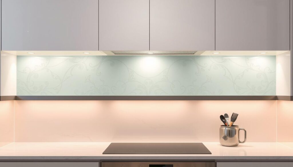 A modern kitchen with a sleek and customizable glass backsplash. The backsplash is a focal point, showcasing intricate patterns and a seamless, frameless design that blends effortlessly with the surrounding cabinetry and countertops. Soft, diffused lighting from above accentuates the glass's glossy surface, creating a warm and inviting ambiance. The scene is captured from a slightly elevated angle, allowing the viewer to appreciate the backsplash's full height and the harmonious integration with the kitchen's overall aesthetic. The image conveys a sense of sophistication, functionality, and the ability to personalize the kitchen space through a tailored backsplash solution.
