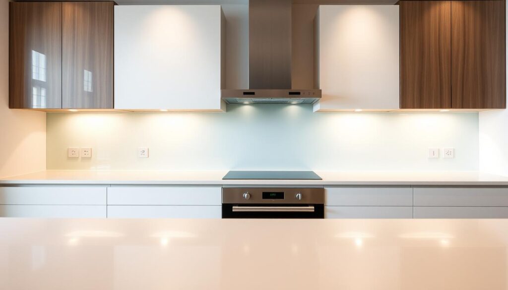 A modern kitchen with a sleek, custom-made glass backsplash. The backsplash spans the entire wall, reflecting the warm, diffused lighting from above. The glass surface is smooth and flawless, with a slightly translucent quality that creates depth and visual interest. The kitchen cabinets and countertops are made of clean, minimalist materials, allowing the backsplash to take center stage. The overall scene conveys a sense of elegance, functionality, and attention to detail, perfectly capturing the essence of a tailored, made-to-measure kitchen design.
