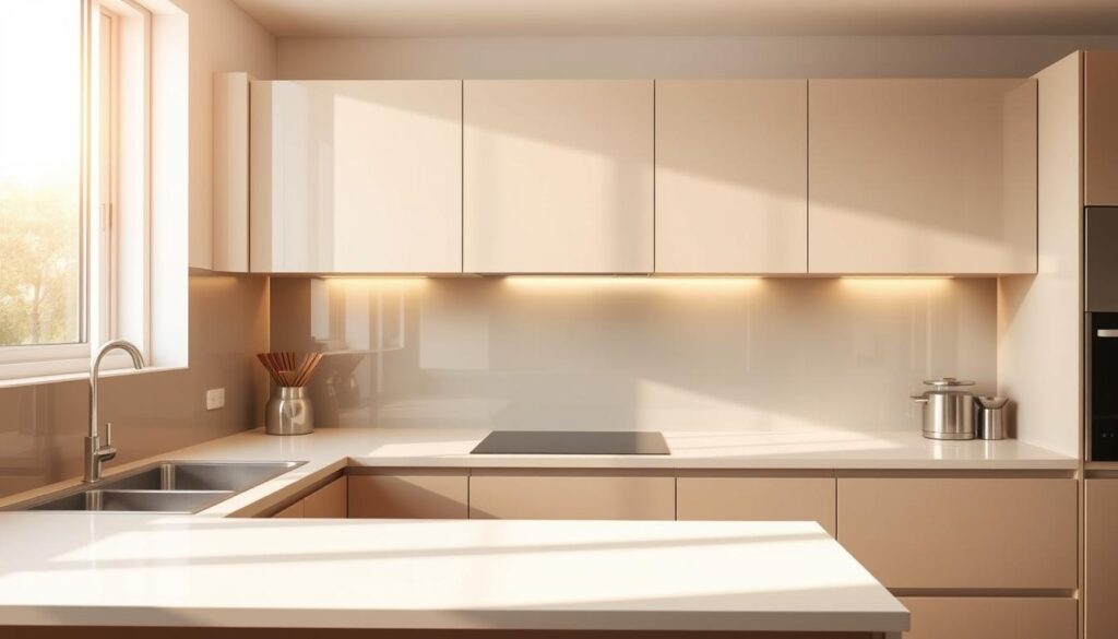 A modern kitchen with a sleek, tempered glass splashback that extends from the countertop to the upper cabinets. The glass has a semi-glossy finish, reflecting the warm lighting overhead and creating a seamless, minimalist aesthetic. The kitchen is filled with natural light streaming through large windows, casting a soft, diffused glow over the space. The glass splashback is free of any visible seams or edges, giving the illusion of a continuous, uninterrupted surface. The kitchen appliances and cabinetry are in a neutral, contemporary color palette, allowing the glass splashback to be the focal point of the room. The overall scene conveys a sense of clean, sophisticated design that is well-suited for modern homes.