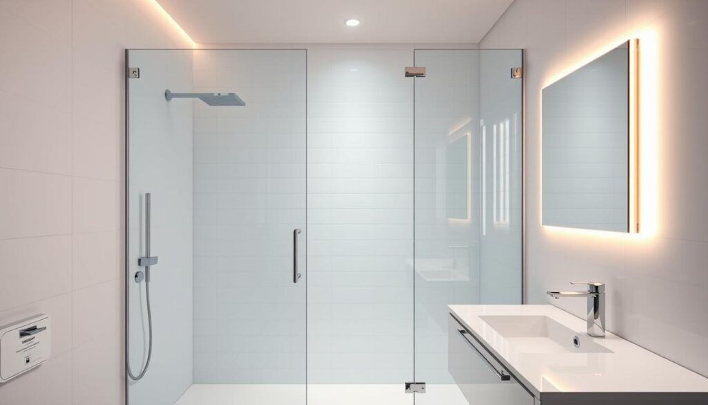 A modern, minimalist bathroom interior with a large, frameless glass shower enclosure. The glass panels are made of clear, high-quality "klarglas" (crystal clear glass) that refracts and reflects the soft, warm lighting throughout the space. Subtle LED strips along the top and bottom edges of the shower create a gentle, ambient glow, making the small bathroom feel more open and airy. The glass seamlessly integrates with the matte white tile walls and floors, creating a clean, cohesive look. Stylish chrome fixtures and a floating vanity with a sleek, mirrored surface complete the contemporary, spa-like aesthetic, enhancing the sense of space and light.