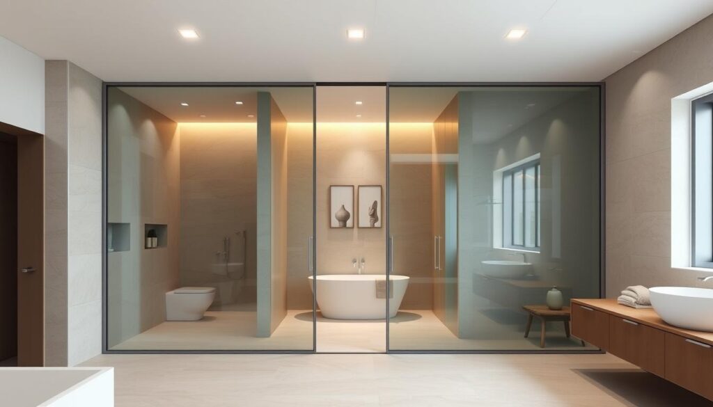 A modern, minimalist bathroom interior with a large, seamless sliding glass door, creating an elegant, spacious entryway. Soft, warm lighting from recessed ceiling fixtures casts a soothing glow, while natural stone tiles in neutral tones line the walls, complementing the sleek, frameless glass door. The door glides effortlessly on a concealed track, allowing for a smooth, unobstructed transition between the bathroom and adjoining space. The overall design exudes a sense of refinement and functionality, making the sliding glass door a stylish and practical choice for this contemporary bathroom setting.