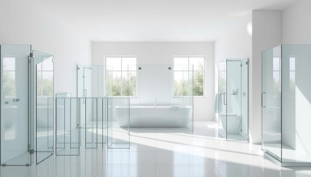 A modern, minimalist bathroom interior with various glass shower enclosure designs showcased in a carefully curated arrangement. The foreground features an assortment of rectangular, curved, and angled glass panels in sleek, frameless profiles, reflecting the abundance of customization options. The middle ground depicts the glass panels installed in different configurations, highlighting their versatility for diverse bathroom layouts. The background depicts a clean, bright, and airy bathroom setting with white walls, tiled floors, and ample natural lighting streaming through large windows, creating a serene and sophisticated atmosphere.