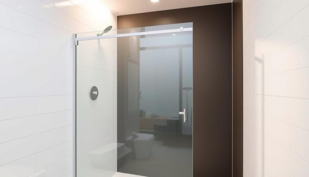 A modern, minimalist bathroom setting with a glass shower enclosure. The set seitenwand (side panel) is the focal point, crafted from high-quality tempered glass with a sleek, frameless design. Subtle chrome hardware accents the panel, creating a seamless, premium look. The bathroom features a minimalist white tile floor and walls, allowing the glass panel to take center stage. Soft, diffused lighting from above casts a warm, inviting glow, highlighting the transparency and reflective qualities of the glass. The overall atmosphere is one of modern elegance and functionality, perfectly suited for the "Duschkabine90x90 von Glastürhop24 - Individuelle Lösungen" article and the "Sets, Verstellbereiche & Funktion: passgenau montieren" section.