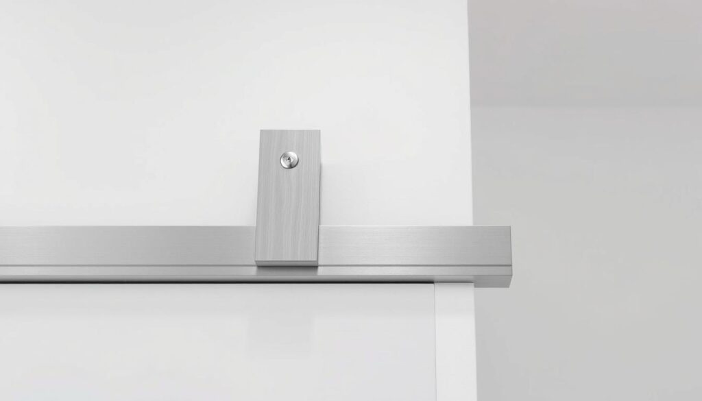A modern, minimalist close-up of a high-quality aluminum sliding door track system, showcasing its sleek design and precision engineering. The matte silver rails glide effortlessly on smooth, hidden ball bearings, ensuring quiet, reliable operation. The track is mounted flush against a crisp white wall, creating a seamless, integrated appearance. Soft, diffused lighting from above highlights the brushed metal finish and accentuates the clean, linear form. The image conveys a sense of thoughtful functionality and premium construction, perfectly aligning with the "Laufschiene & Technik" section of the article.