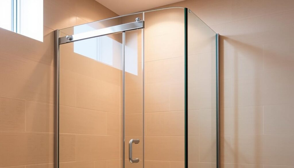 A modern, minimalist corner shower enclosure with a sleek, frameless glass door. The enclosure is set against a tiled wall in a neutral color palette, allowing the glass to be the focal point. Warm, diffused lighting from overhead accentuates the clean lines and reflective surfaces. The door has a simple, minimalist handle and opens effortlessly, inviting the user into a spacious, spa-like shower experience. The overall atmosphere is one of sophistication, functionality, and a serene, luxurious bathing environment.