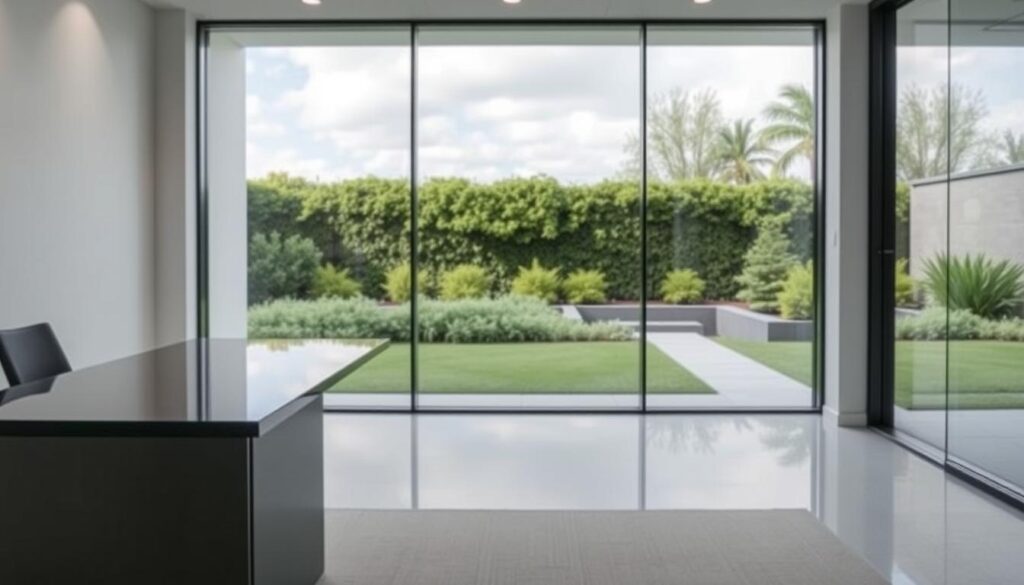 A modern, minimalist glass consultation office. The foreground features a large glass desk with a clean, minimalist design, accentuated by subtle lighting from above. In the middle ground, a floor-to-ceiling glass wall provides a sleek, transparent partition, allowing natural light to flood the space. The background showcases a serene outdoor landscape, with a verdant garden and a glimpse of the sky through the glass. The overall atmosphere is one of sophistication, functionality, and a harmonious blend of indoor and outdoor elements, reflecting the thoughtful consultation and planning process.