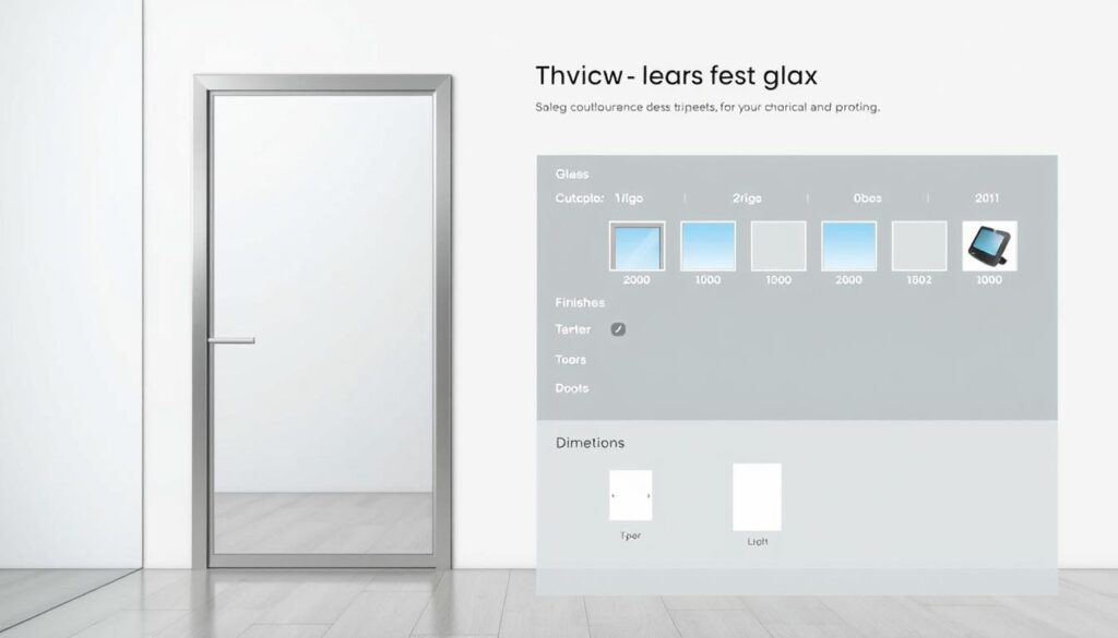 A modern, minimalist glass door configuration tool in a well-lit, clean interior setting. The foreground features a sleek, frameless glass door with a simple handle, showcasing the product's elegant design. The middle ground depicts a customization interface with various options for glass types, hardware finishes, and door dimensions. The background has a neutral, bright backdrop, emphasizing the focus on the configurable glass door. The overall mood is professional, high-quality, and tailored to the needs of the customer, reflecting the expertise and service of Glastuerhop24.