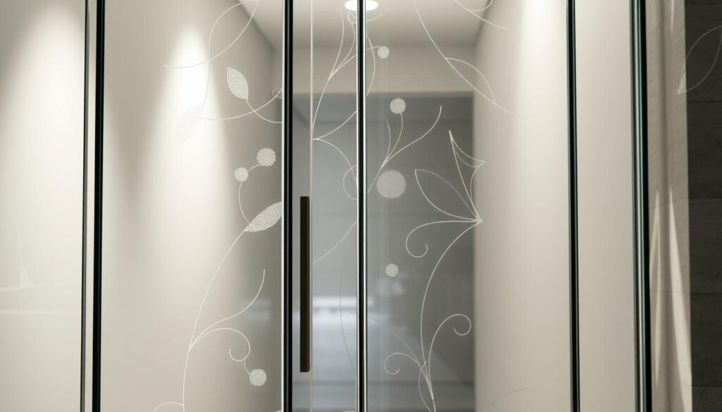 A modern, minimalist glass door design with a clean, elegant aesthetic. The glass surface features a delicate laser-etched pattern, creating a striking visual texture that plays with light and shadow. The design showcases a harmonious blend of organic and geometric elements, evoking a sense of refined sophistication. The scene is bathed in soft, directional lighting, casting subtle highlights and shadows that accentuate the textural details. The camera angle captures the door in a slightly elevated perspective, emphasizing its sleek, streamlined form. The overall mood is one of understated luxury and timeless appeal, reflecting the high-quality solutions offered by Glastuerhop24.