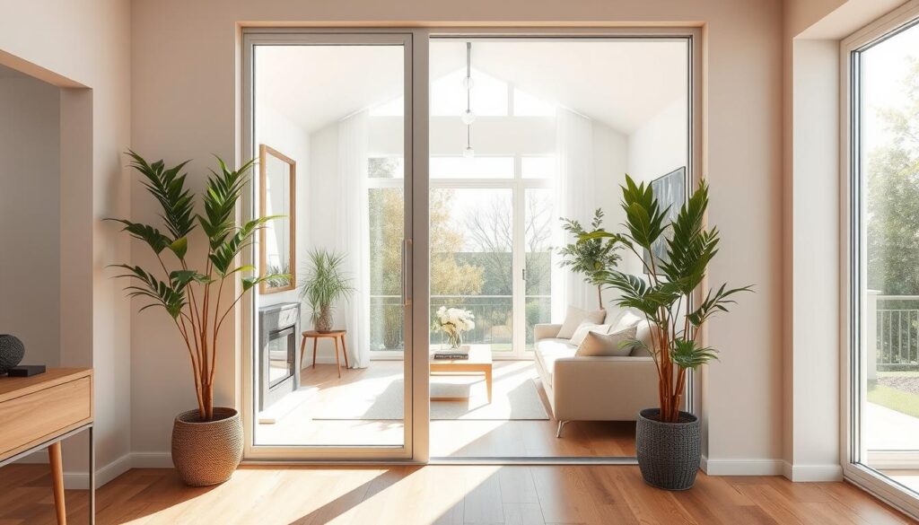A modern, minimalist glass door with a sleek, frameless design stands in a bright, airy living room. Sunlight streams through the transparent surface, creating a seamless connection between the interior and exterior spaces. The door's clean lines and polished finish reflect the room's sophisticated, understated aesthetic. Wooden floors, neutral-toned furniture, and potted plants create a warm, inviting atmosphere, while the glass door's open and unobstructed view heightens the sense of spaciousness and flow. The overall scene exudes a harmonious blend of privacy and openness, perfectly capturing the essence of "Stilvoll trennen, offen wohnen".