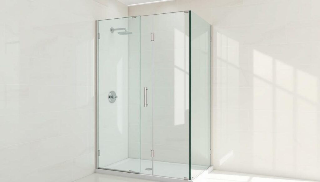 A modern, minimalist glass shower enclosure set against a sleek, tiled bathroom backdrop. The frameless glass panels reflect the bright, natural lighting flooding the space, creating a sense of openness and airiness. The clean lines and angular design of the shower cabin are complemented by the smooth, glossy tiles in a neutral color palette. The overall scene conveys a spa-like ambiance, highlighting the luxurious and contemporary appeal of this customizable glass shower solution.