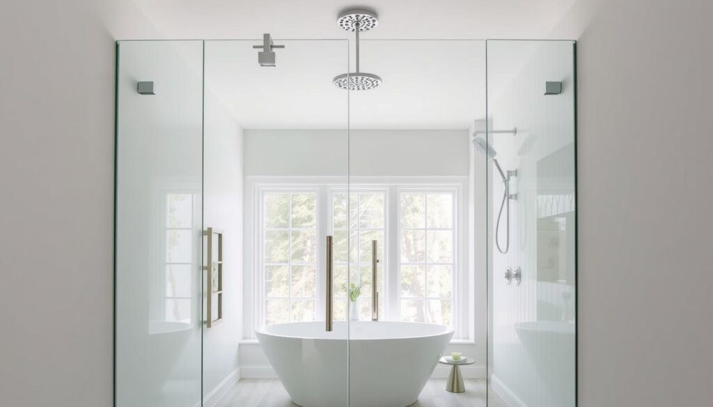 A modern, minimalist glass shower enclosure stands elegantly in a bright, airy bathroom. Gleaming chrome hardware and a sleek, frameless design create a seamless, custom-fitted appearance. Precise measurements and meticulous craftsmanship ensure a perfect, tailored fit for the space, complementing the room's overall aesthetic. Soft, diffused lighting from overhead fixtures casts a warm, inviting glow, while large windows flood the scene with natural daylight. The glass panels reflect the serene, spa-like ambiance, creating a sense of openness and visual harmony in the refined, bespoke interior.