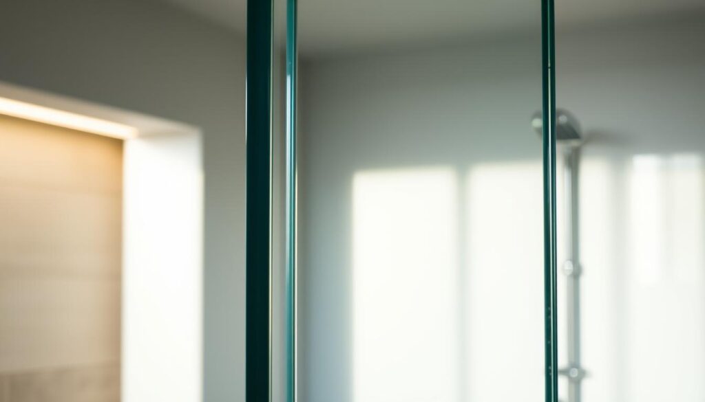 A modern, minimalist glass shower enclosure with a sleek seitenwand (side panel). The seitenwand is made of tempered glass, seamlessly blending with the frameless design. Soft, diffused lighting illuminates the scene, highlighting the glass's transparency and reflective qualities. The seitenwand is meticulously positioned, creating a harmonious, spa-like atmosphere. In the foreground, the smooth, polished glass surface reflects the surrounding environment, while the middle ground showcases the seitenwand's clean lines and precise engineering. The background features a serene, neutral-toned bathroom interior, allowing the seitenwand to take center stage as the focal point of the composition.