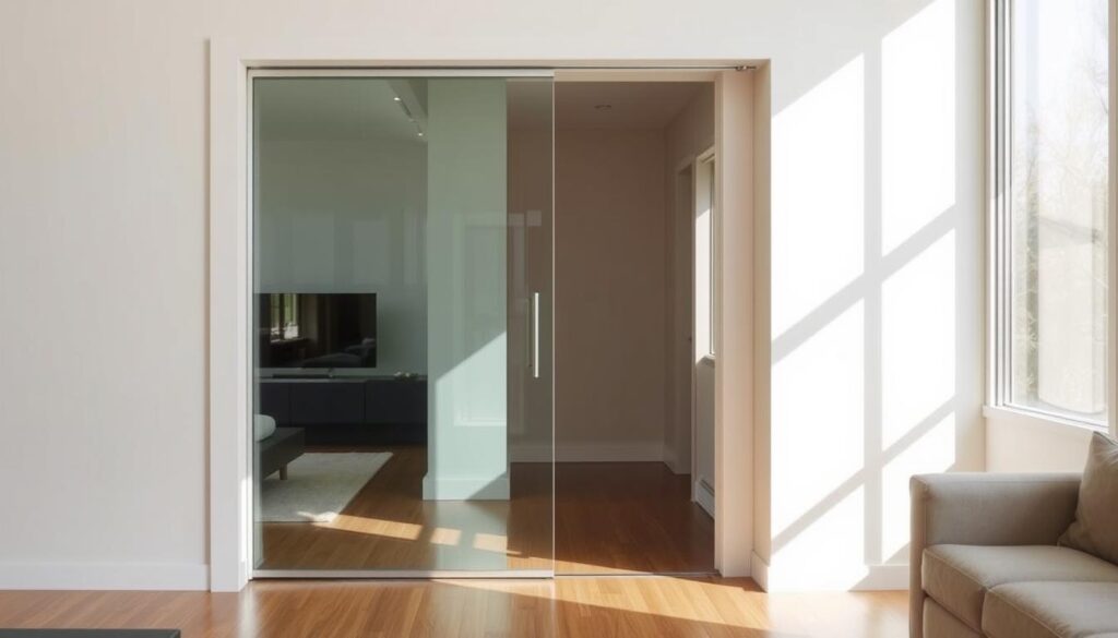 A modern, minimalist glass sliding door in a bright, airy interior. The door is made of sleek, frameless glass panels that glide effortlessly on a discreet track system, allowing for a seamless transition between rooms. Warm, natural lighting streams in through large windows, casting a soft glow on the glass surface and highlighting its crystalline clarity. The door's design is simple yet elegant, with clean lines and a modern aesthetic that complements the contemporary furnishings and decor of the space. The overall atmosphere is one of openness, simplicity, and refined sophistication - a perfect reflection of the section's focus on custom, high-quality glass sliding doors for the home.