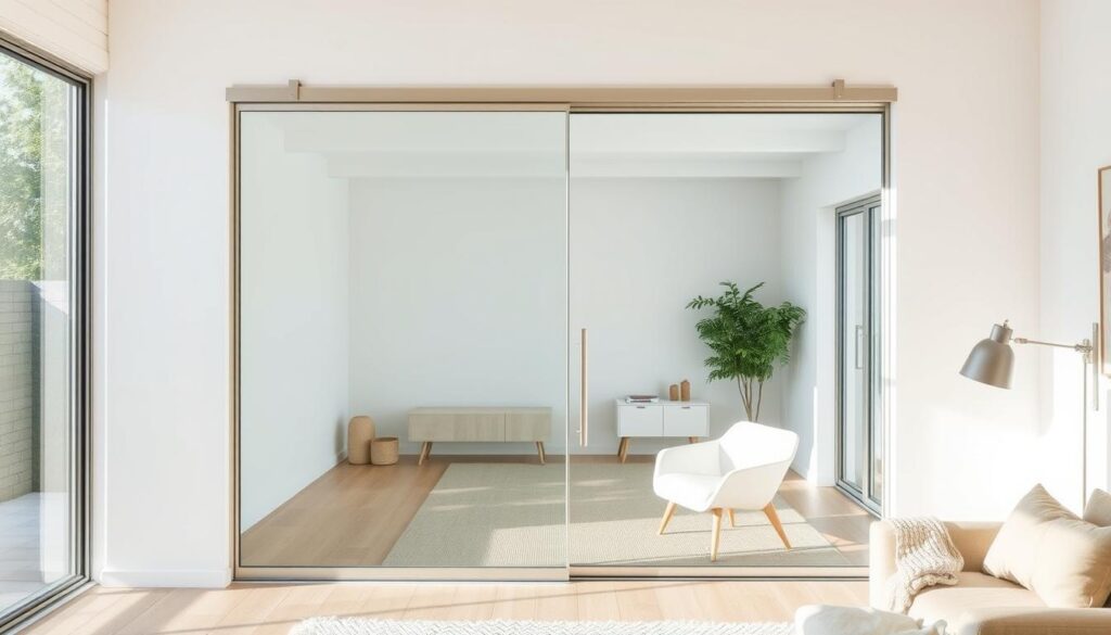 A modern, minimalist glass sliding door in a bright, airy room, allowing for seamless transition between indoor and outdoor spaces. The door is framed by sleek, brushed metal hardware, with a translucent, tempered glass panel that glides effortlessly along its track. Soft, diffused natural light filters through the glass, creating a warm, inviting ambiance. The room is furnished with clean-lined, Scandinavian-inspired furniture, enhancing the elegant, sophisticated atmosphere. The sliding door serves as a versatile, functional focal point, suitable for a variety of settings, from cozy living rooms to practical home offices.