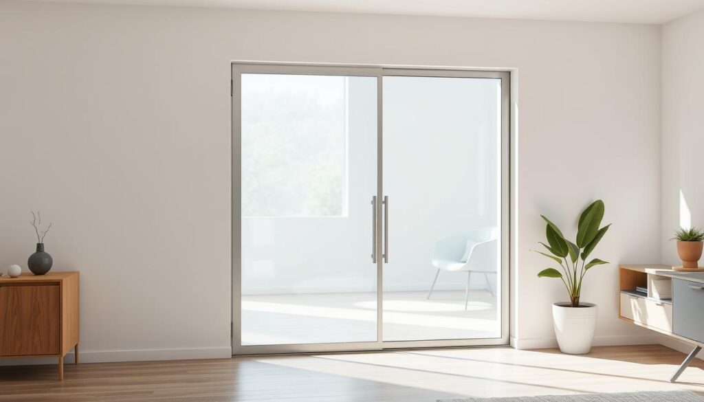A modern, minimalist glass sliding door situated in a bright, airy room. The door's frame is sleek and seamless, crafted from high-quality materials that blend harmoniously with the surrounding decor. Gentle natural light filters through the transparent panels, casting a warm, welcoming glow. The door glides effortlessly on its track, inviting exploration of the adjacent space. The overall composition exudes a sense of refined elegance and functionality, perfectly showcasing the versatility and beauty of a custom-designed "glasschiebetür".