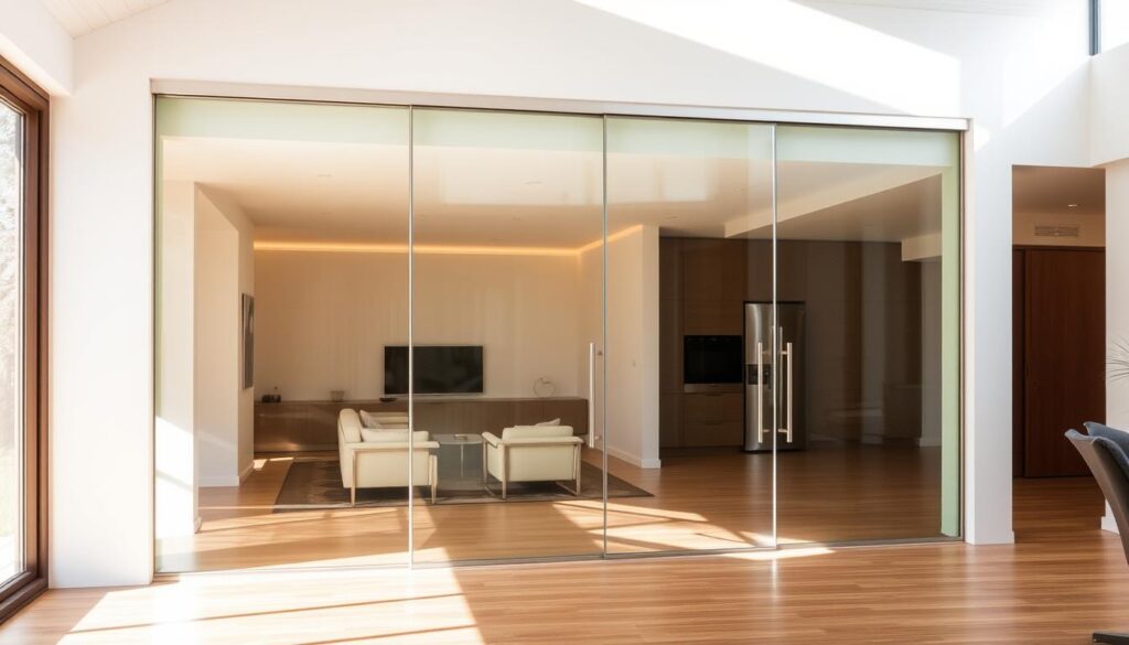 A modern, minimalist glass sliding door system, perfectly suited for any contemporary home interior. The door panels are constructed from thick, tempered glass with seamless, sturdy metal frames, creating a sleek, refined aesthetic. The door glides effortlessly along a high-quality track system, offering smooth, silent operation. Warm, natural lighting fills the space, casting a soft glow on the transparent surfaces. The door's design is both functional and visually striking, seamlessly blending into the surrounding architecture. The overall composition exudes a sense of understated elegance and sophisticated simplicity, perfectly capturing the essence of a premium glass sliding door solution.