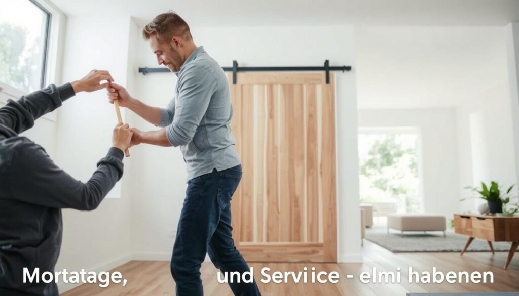 A modern, minimalist interior scene showcasing the installation of a sliding wooden door system. In the foreground, a skilled carpenter carefully aligns the sliding mechanism, demonstrating the seamless, easy-to-follow assembly process. The mid-ground features the newly installed wooden door, its natural grain and neutral tones blending harmoniously with the surrounding walls. In the background, a well-lit, airy space with ample natural light, highlighting the elegant simplicity of the sliding door design. The overall atmosphere conveys a sense of effortless functionality and a high-quality craftsmanship, reflecting the "Montage, Pflege und Service - einfach gemacht" section of the article.