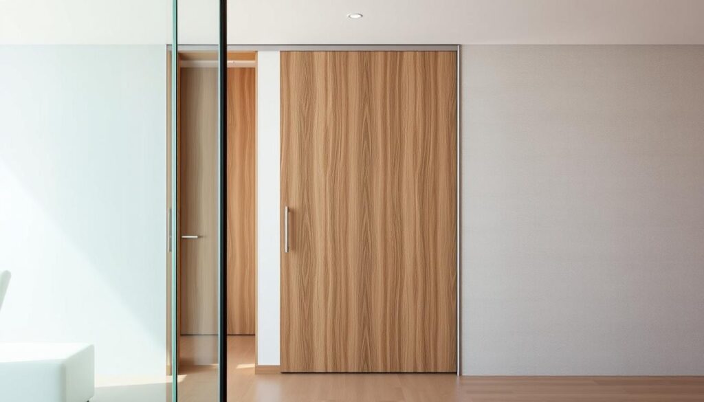 A modern, minimalist interior with a glass sliding door system, showcasing a variety of materials and designs. The foreground features a sleek, frameless glass panel, its transparency allowing a seamless view of the adjacent room. In the middle ground, a wooden sliding door with a natural grain texture stands, complementing the contemporary aesthetic. Further back, a wall partition displays a clean, textured panel in a neutral color, likely constructed with CPL (Continuous Pressure Laminate) for a durable and low-maintenance finish. Soft, diffused lighting illuminates the scene, creating a warm and inviting atmosphere. The overall composition emphasizes the harmony of form, function, and material selection in modern sliding door solutions.