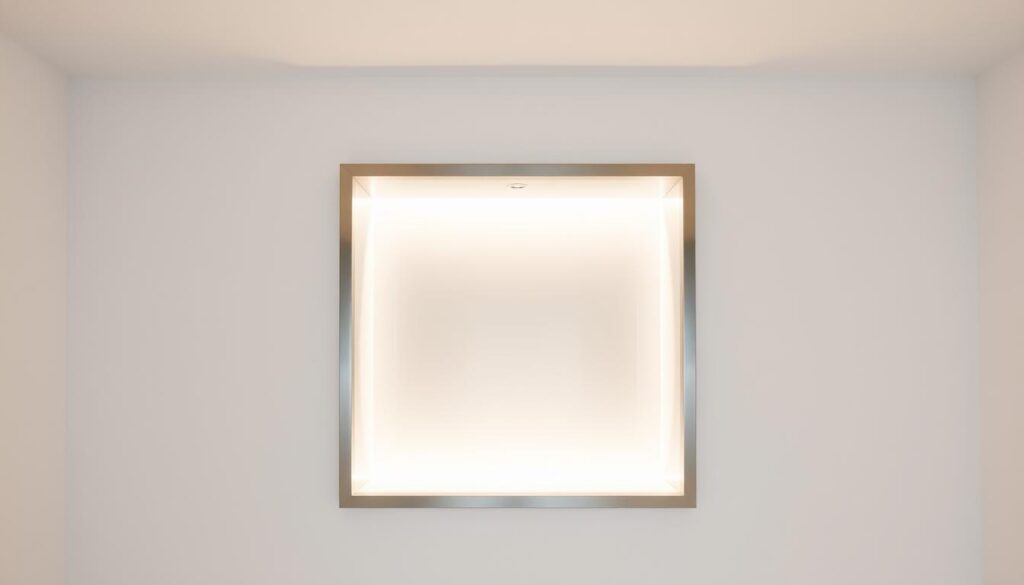 A modern, minimalist interior with a sleek, recessed wall niche. The niche is illuminated from above, casting a warm, soft glow that highlights the clean lines and smooth surfaces. The niche's frame is made of brushed aluminum, creating a contemporary, high-end aesthetic. The walls surrounding the niche are a crisp, neutral white, providing a simple, uncluttered backdrop. Subtle reflections from the glass panels of the niche add depth and visual interest. The overall scene conveys a sense of elegant simplicity, showcasing the architectural feature as the focal point.