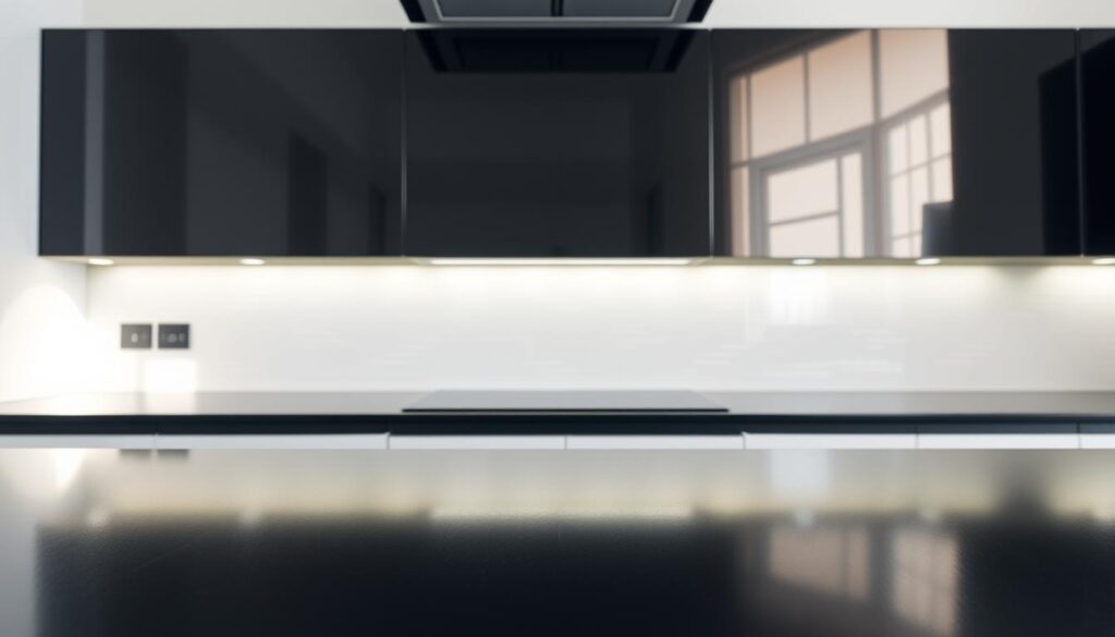 A modern, minimalist kitchen backsplash with a clean, contemporary design. In the foreground, a sleek, matte black surface in an abstract geometric pattern, reflecting the overhead lighting. In the middle ground, a neutral-toned tile or glass panel, creating a subtle textural contrast. In the background, a soft, diffused light illuminates the scene, creating a warm, inviting atmosphere. The overall composition emphasizes simplicity, elegance, and versatility, suitable for a variety of kitchen styles and decor.