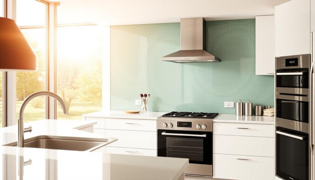A modern, minimalist kitchen with a sleek, glass backsplash that runs from the countertop to the ceiling. The glass has a subtle, textured pattern that catches the light, creating a striking visual effect. The kitchen is bathed in warm, natural lighting that filters in through large windows, casting a soft glow on the polished, stainless-steel appliances and the clean, white cabinets. The glass backsplash seamlessly blends with the overall design, adding a touch of sophistication and elegance to the space. The image conveys a sense of functionality and style, perfectly capturing the essence of the "Küchenrückwand vs. Spritzschutz: Welche Lösung passt?" section.