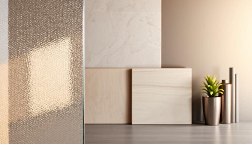 A modern, minimalist nische showcasing a variety of materials for home decor and renovation. In the foreground, a sleek glass panel with a subtle textured pattern reflects the warm, directional lighting. In the middle ground, a selection of matte ceramic tiles in neutral tones creates a balanced, harmonious composition. The background features brushed metal accents, adding a touch of industrial chic. The overall scene exudes a sense of refined elegance and high-end sophistication, perfectly suited to illustrate the "Materialwahl für die Veredelung" section of the article.