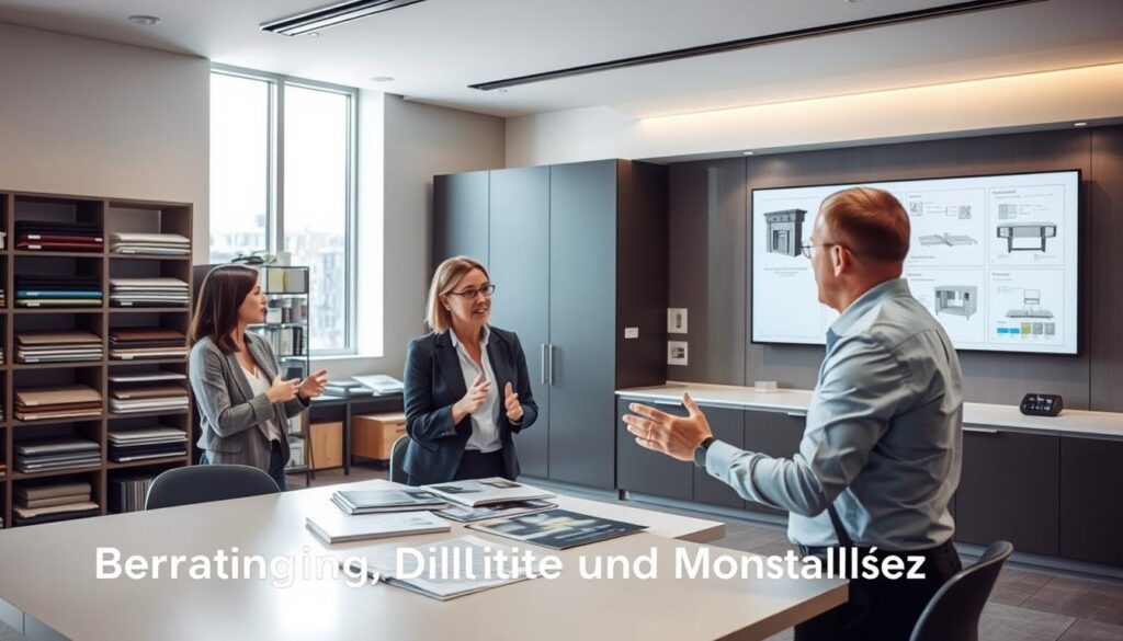A modern, minimalist office interior with large windows letting in warm natural light. In the foreground, a team of three consultants in business attire are gathered around a table, gesturing animatedly as they discuss product options and specifications with a customer. In the middle ground, shelves filled with sample materials and product catalogs line the walls, hinting at the breadth of offerings. The background features sleek, streamlined cabinetry and a large screen displaying product installation diagrams, creating an atmosphere of professional expertise and seamless customer service. Soft, neutral tones and clean lines convey a sense of calm efficiency, perfectly suited for the "Beratung, Lieferung und Montage" experience.