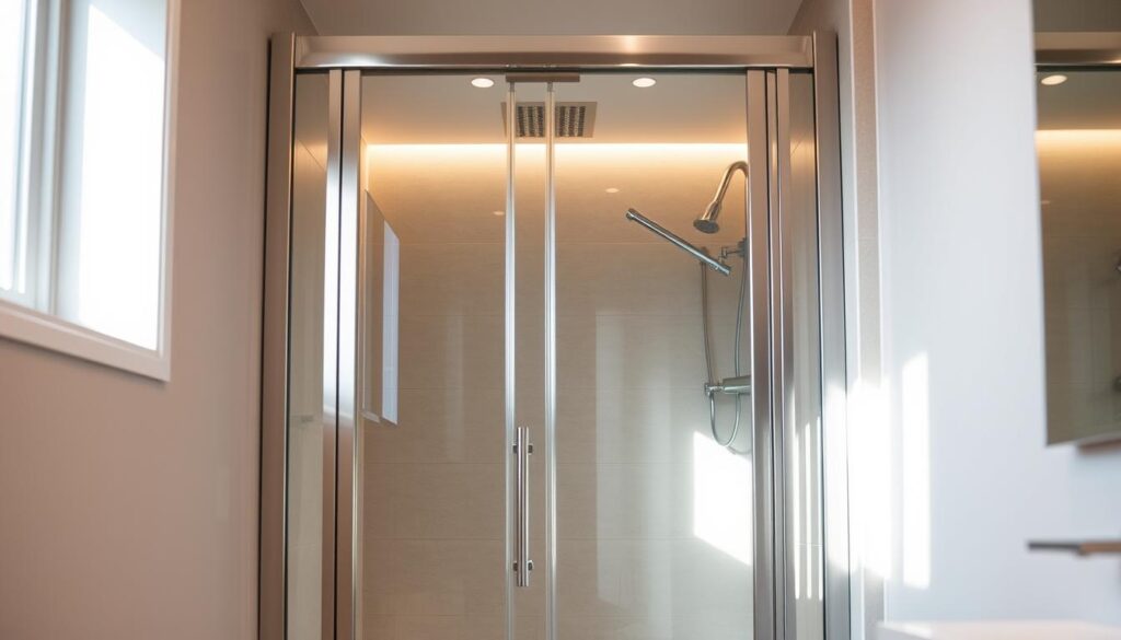 A modern, minimalist shower enclosure in a small bathroom, with a clear glass door that allows natural light to flow through. The door is framed in a sleek, brushed metal finish, complementing the crisp, clean aesthetic of the space. The bathroom features neutral-toned tiles, a simple vanity, and recessed lighting that casts a warm, ambient glow. The overall composition emphasizes the efficient use of space, creating an illusion of openness and airiness in a compact setting. The image conveys a sense of tranquility and relaxation, inviting the viewer to envision a serene, spa-like experience within this thoughtfully designed, small-scale bathroom.