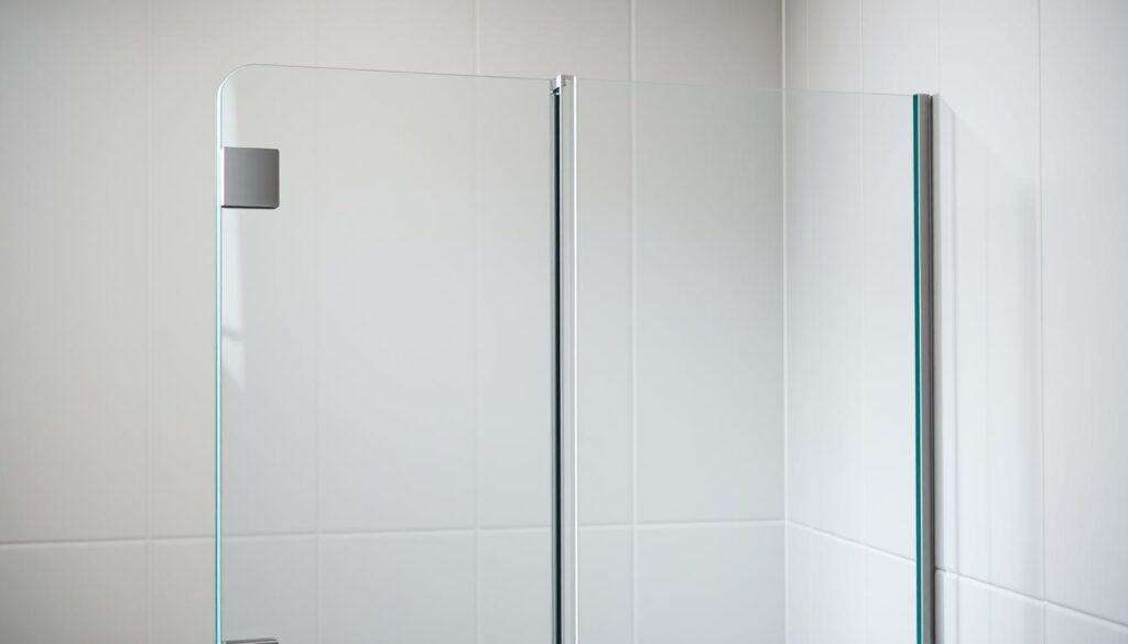 A modern, minimalist shower enclosure with a sleek, frameless glass door. The door is a translucent tempered glass panel, seamlessly integrated into the shower wall. The glass is tinted with a subtle, neutral tone, creating a sophisticated and elegant aesthetic. The door is supported by a sturdy, brushed metal hinge system, allowing for a smooth, effortless opening and closing motion. The overall design emphasizes clean lines, natural light, and a sense of spaciousness, perfectly complementing the "Varianten & Öffnungsarten" theme. The scene is bathed in soft, diffused lighting, highlighting the high-quality materials and craftsmanship. The camera angle captures the door from a slightly elevated perspective, showcasing the thoughtful design and attention to detail.