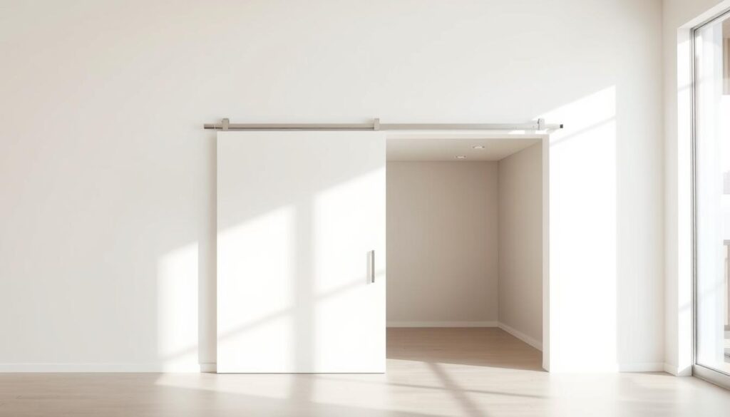 A modern, minimalist sliding door set against a bright, airy background. The door is made of sleek, high-quality materials, seamlessly integrated into a clean, white wall. Diffused natural lighting casts a soft, even glow, accentuating the door's smooth, minimalist design. The sliding mechanism operates with a silent, effortless glide, reflecting the door's functionality and ease of use. The overall composition conveys a sense of openness, simplicity, and accessibility, perfectly suited for a contemporary living space.