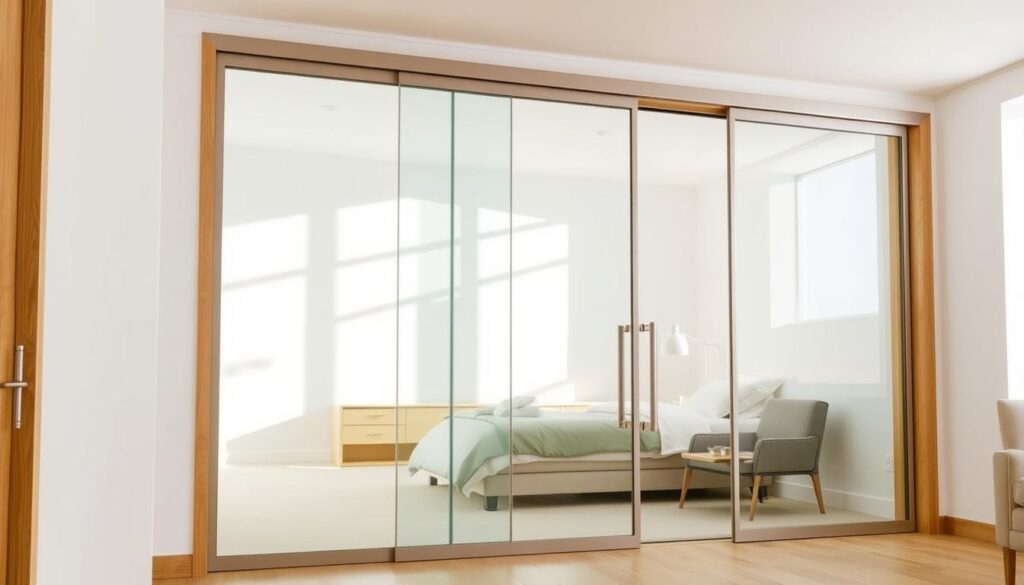 A modern, minimalist sliding door system in a bright, airy room. The frameless glass panels glide smoothly on a sleek track, creating an open, seamless flow between spaces. Warm wooden accents complement the natural light filtering through the panes. The overall design is clean, functional, and tailored to the user's precise measurements and requirements. Carefully crafted hardware in a matte finish elevates the premium aesthetic. A side view showcases the slim profile and effortless mechanics, highlighting the attention to detail in this complete sliding door solution.